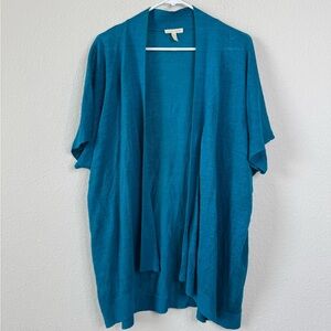 Eileen Fisher 100% Organic Linen Knit Open Front Cardigan Sz XL Turquoise Beachy